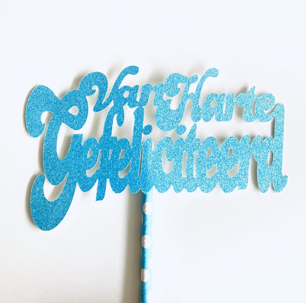 Taarttopper| Cake topper |Gefeliciteerd| Verjaardag| Licht Blauw glitter|16 cm| karton